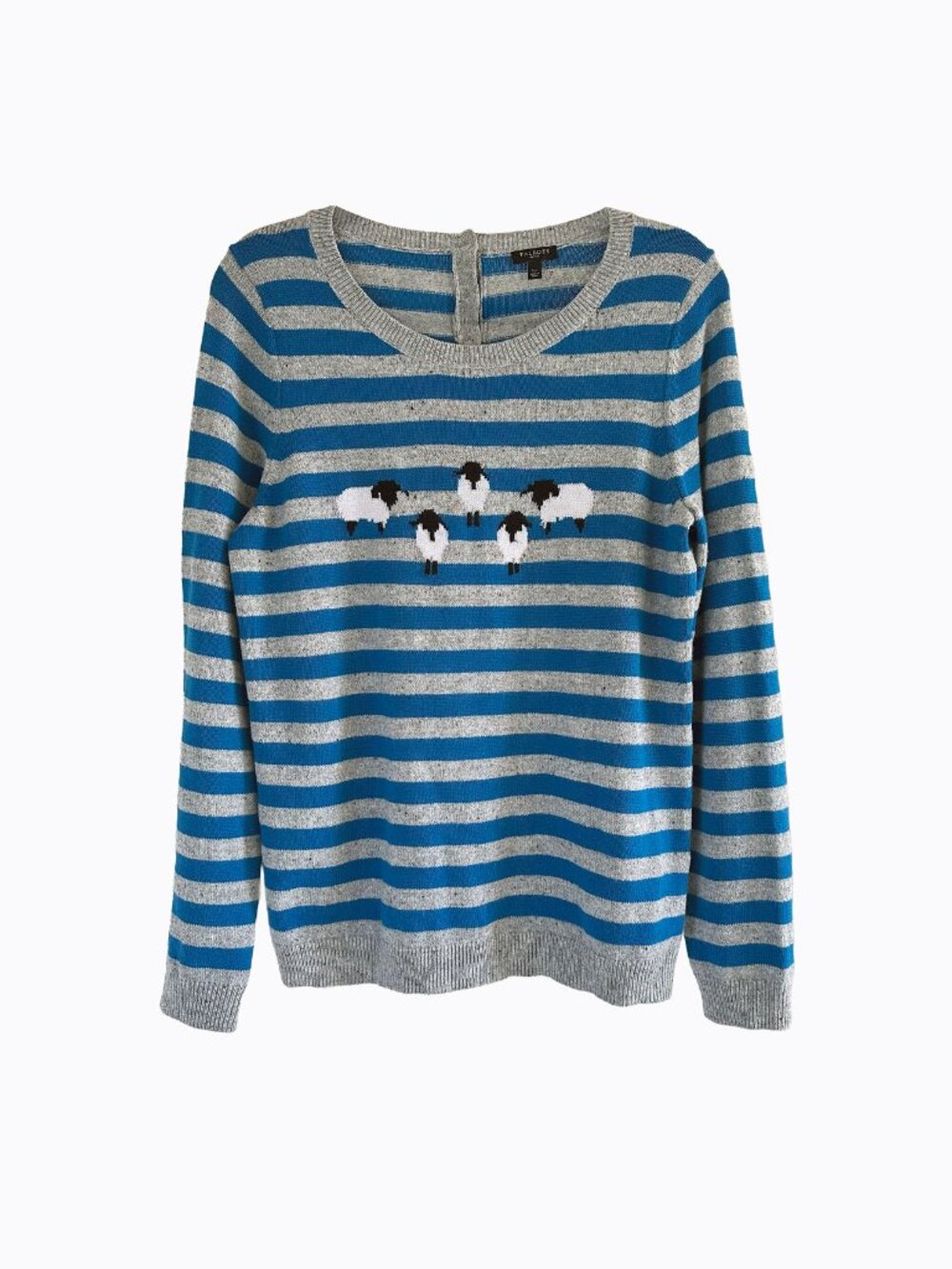 Sheep Striped Sweater LP Wool Blend Teal Gray Button Back Cottagecore Whimsical